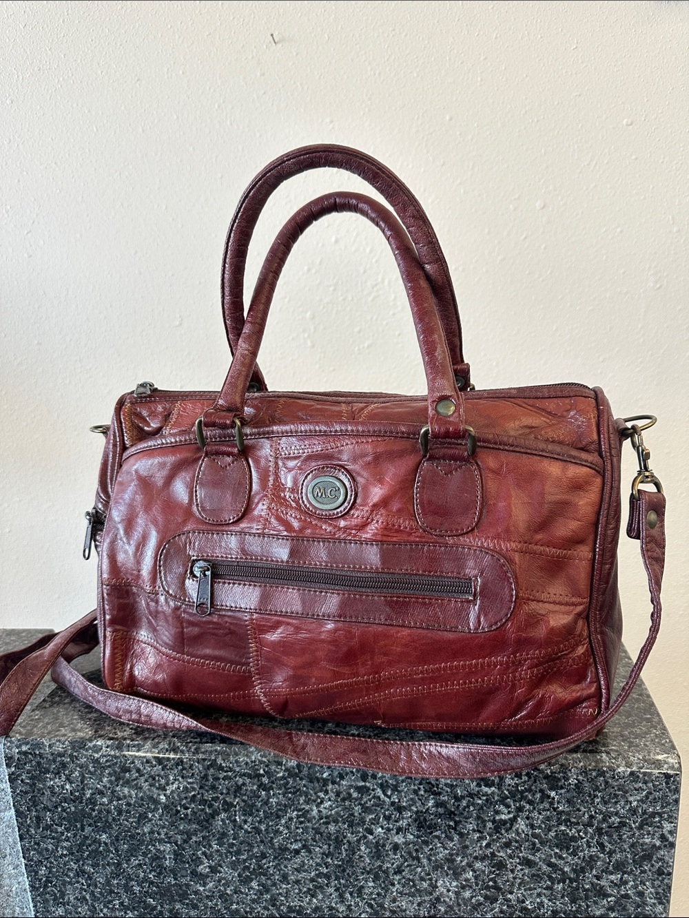 1980s eelskin Burgundy Leather Satchel with Detachable Strap - Boston speedy